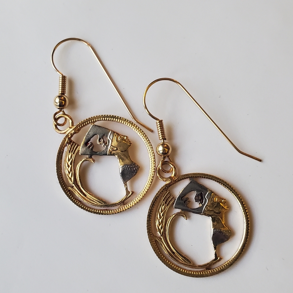 Egyptian Nefertiti Earrings, Egyptian 5 MIls Nefertiti Coin Hand Cut